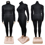 Plus Size Solid High Collar Long Sleeve 2 Piece Sets WY-7118