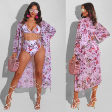 Sexy Print Bikini Swimsuit Beach Cloak Three Piece Set FSXF-290