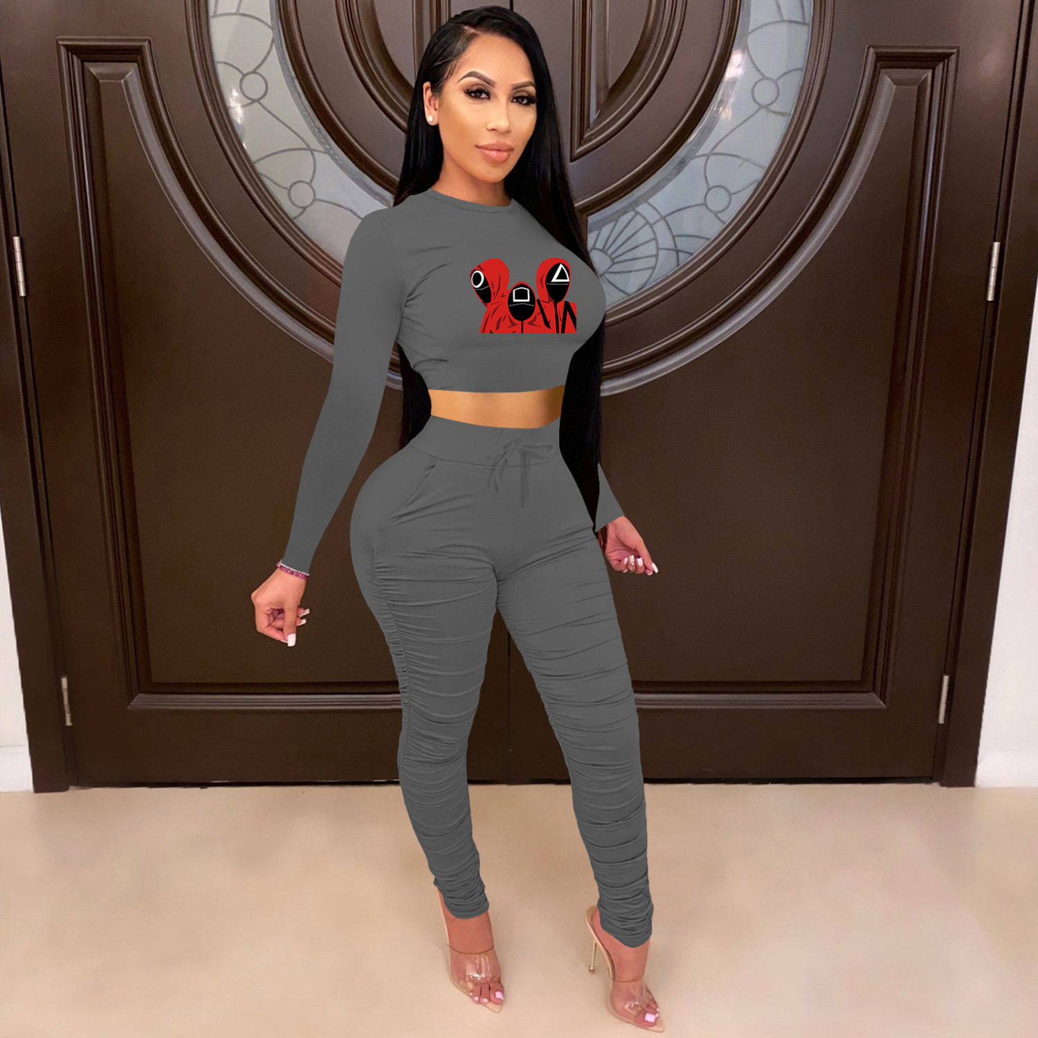 DearFashion Squid Game Print Sports Ruched Two Piece Pants Set TE