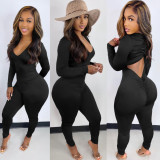 Solid V Neck Backless Drawstring Long Sleeve Jumpsuit BGN-212