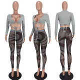 Sexy Long Sleeve Mesh Printed 2 Piece Pants Set YD-8538