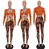 Sexy Long Sleeve Mesh Printed 2 Piece Pants Set YD-8538