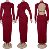 Solid Color Backless Long Sleeve Maxi Dress FSXF-262