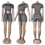 Casual Solid Color Short Sleeve Shorts Two Piece Sets FSXF-272
