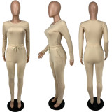 Solid Long Sleeve Drawstring Pants Slim 2 Piece Sets MUL-S178