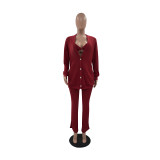 Solid Ribbed Knit Bra Top+Cloak Coat+Split Pants 3 Piece Sets MOF-6659