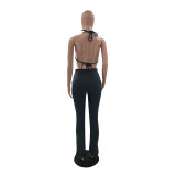 Solid Ribbed Knit Bra Top+Cloak Coat+Split Pants 3 Piece Sets MOF-6659