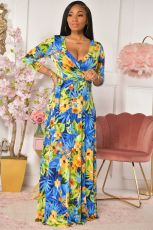 Plus Size Printed V Neck 3/4 Sleeve Sashes Maxi Dress XMY-9316