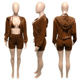 Velvet Hooded Zipper Coat+Bra Top+Shorts 3 Piece Sets ME-S976