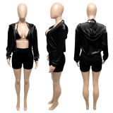 Velvet Hooded Zipper Coat+Bra Top+Shorts 3 Piece Sets ME-S976