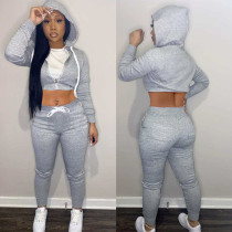 Solid Sports Hooded Zipper Two Piece Pants Set ME-Y973