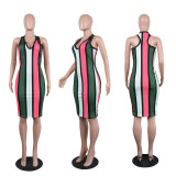 Sleeveless Color Striped Slim Dress FSXF-55