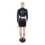 PU Leather Short Coat+Halter Bra+Mini Skirt 3 Piece Sets BS-1294