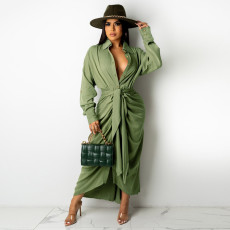 Solid Long Sleeve Buttons Sashes Maxi Dress FSXF-F318