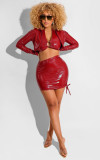 PU Leather Short Coat+Halter Bra+Mini Skirt 3 Piece Sets BS-1294