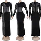 Plus Size Sexy Hot Rhinestone Round Neck Split Long Sleeve Nightclub Dress NY-8882