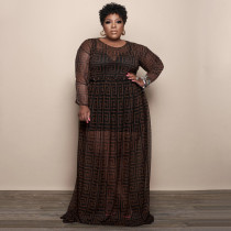 Plus Size Mesh Printed Long Sleeve Maxi Dress NNWF-7333