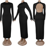 Solid Color Backless Long Sleeve Maxi Dress NY-2034