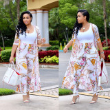 Plus Size Casual Printed Long Cloak And Pants 2 Piece Sets (Without Vest ) NY-8576