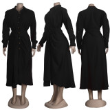 Solid Long Sleeve Buttons Sashes Maxi Dress FSXF-F318