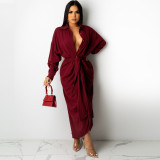 Solid Long Sleeve Buttons Sashes Maxi Dress FSXF-F318