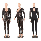 Plus Size Slim Sequins See-through Deep V Nightclub Jumpsuits NY-8522