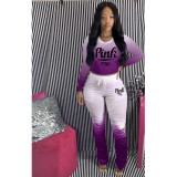Plus Size Pink Letter Print Gradient Long Sleeve Stacked Pants Set HGL-1736