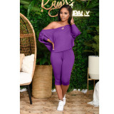 Plus Size Solid Off Shoulder Capri Pants 2 Piece Sets HGL-1533