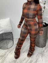 Plus Size Plaid High Collar Long Sleeve Stacked Pants 2 Piece Sets HGL-1739