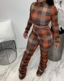 Plus Size Plaid High Collar Long Sleeve Stacked Pants 2 Piece Sets HGL-1739