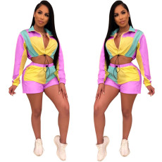 Color Block Long Sleeve Shorts Sports Casual  Two Piece Sets OSM-5240