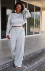 Solid Loose O Neck Long Sleeve Crop Top And Pants Sets (Without Vest) OLYF-96079