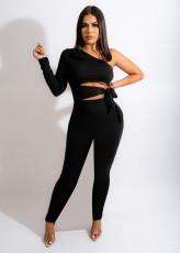Black One Shoulder Hollow Top And Pants 2 Piece Sets QIYF-3111