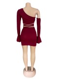 Solid Color Oblique Shoulder Flared Sleeve Lace-up Skirt Two Piece Sets OSM-4339