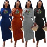 Christmas Tree Print Long Sleeve Ruched Maxi Skirt Sets WY-68502