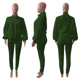Solid Fleece Zipper Sweatshirt Pants Two Piece Sets NIK-265