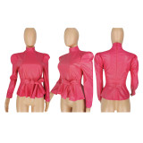 PU Leather Long Sleeve Tops With Belt Plus Size YIS-837
