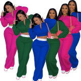 Solid Fleece Zipper Sweashirt Wide Leg Pants 2 Piece Sets YIDF-81346