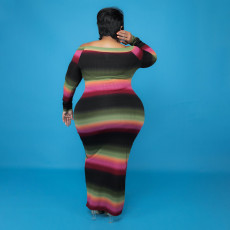 Colorful Striped Long Sleeve Slim Maxi Dress OSIF-21385