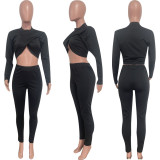 Solid Sexy Crop Top And Pants Slim Two Piece Sets HMS-5519