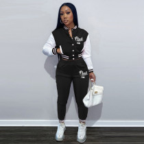 Pink Letter Print Baseball Jacket And Pants 2 Piece Sets AWN-5233