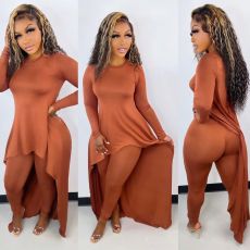 Plus Size Solid Long Sleeve Irregular Top And Pants 2 Piece Sets APLF-5091