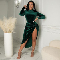 Velvet Long Sleeve Bodysuit+Knotted Midi Skirt 2 Piece Sets ASL-6526