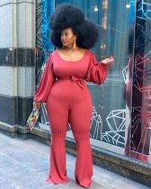Plus Size Ribbed Puff Sleeve Flared Jumpsuit XNSF-6816