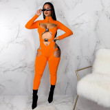 Sexy Solid Buckle Hollow Out Long Sleeve Jumpsuit MDF-5258
