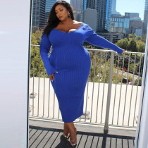 Plus Size Solid Ribbed Full Sleeve Long Dress MQXF-23592