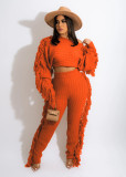 Solid Knitted Tassel Long Sleeve Sweater Pants Sets TR-1186