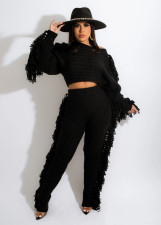 Solid Knitted Tassel Long Sleeve Sweater Pants Sets TR-1186