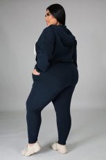 Plus Size Solid Fleece Hoodies Sports 2 Piece Pants Set WAF-77330