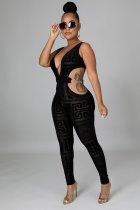 Plus Size Deep V-neck Sexy Mesh Printed Jumpsuits MUE-M7164